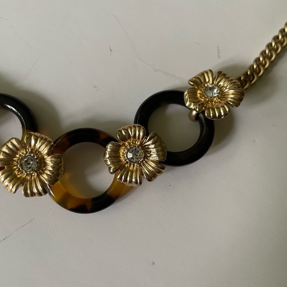 J Crew Necklace Tortoise Shell Statement Gold Flowers Rhinestone Link Ch… - Picture 4 of 7